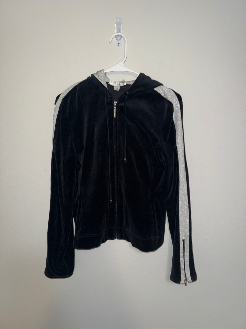 St John Sport Black Velour Zip Hoodie with Silver Shoulder Stripe - small. B15